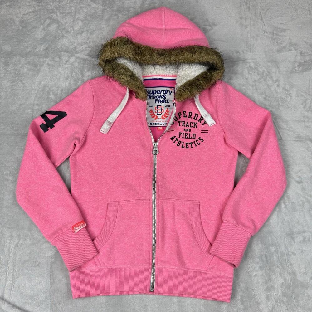 Y2K Superdry Track & Field Zip Hoodie Faux Fur Lined Women Size M Neon Pink Warm
